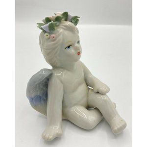 VINTAGE PORCELAIN ANGEL CHERUB SHELF SITTER FIGURINE PINK ROSES 4"